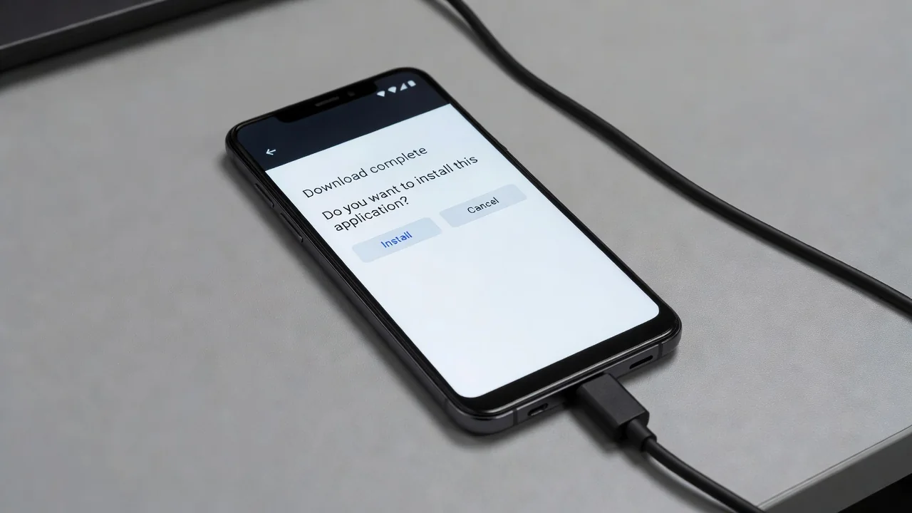 Android phone showing Download complete — Install this application