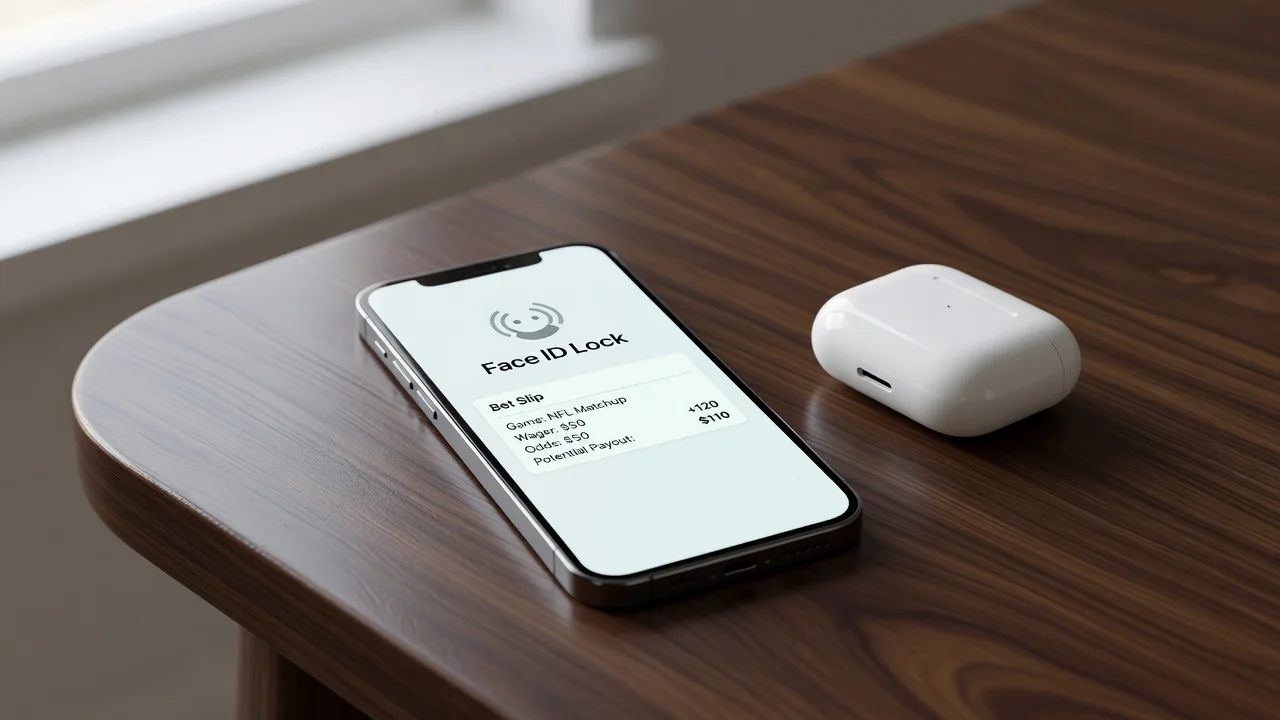 iPhone Face ID lock with a sports bet slip widget next to AirPods