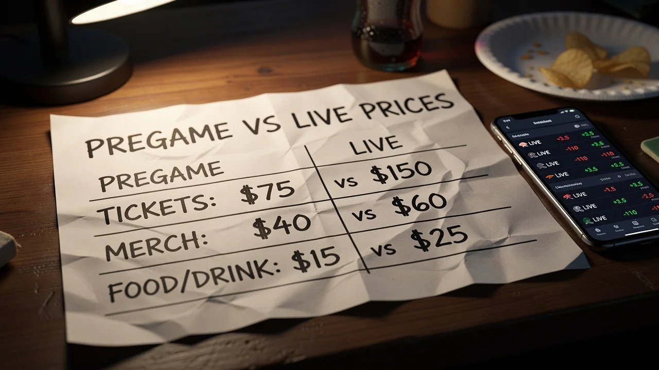 Two columns on paper: pregame price and live price after a goal