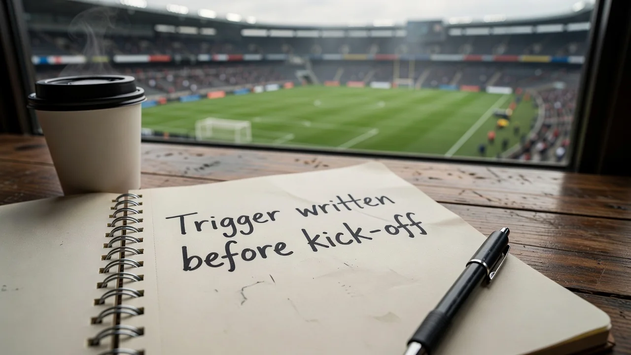 Notebook: trigger written before kick-off, live price beside it