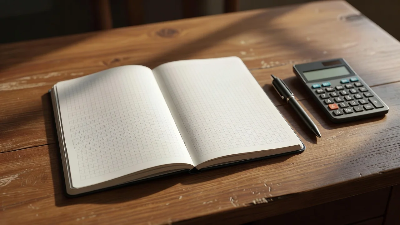 Notebook ledger, pen and calculator arranged on a wooden desk in warm light
