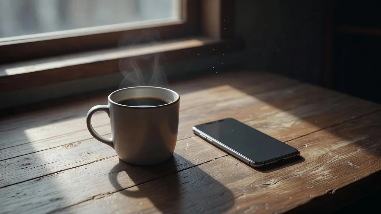 Cup of coffee and a phone lying face down on a quiet wooden table